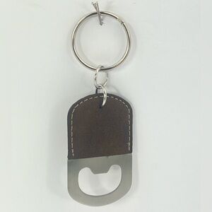 BOTTLE OPENER KEYCHAIN, FAUX LEATHER, BROWN COLOR, SILVER HARDWARE